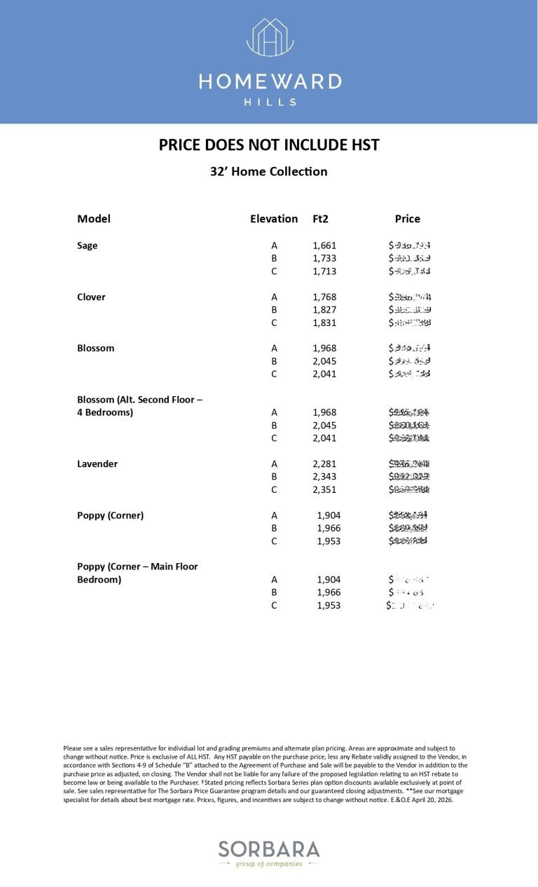 Homeward Hills - 32 Price List